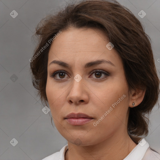 Neutral white young-adult female with medium  brown hair and brown eyes