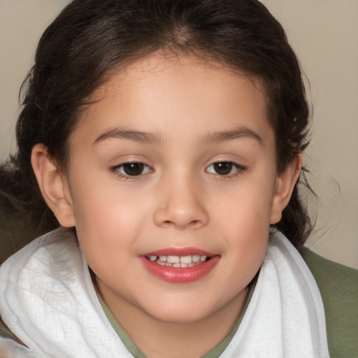 Joyful white child female with medium  brown hair and brown eyes