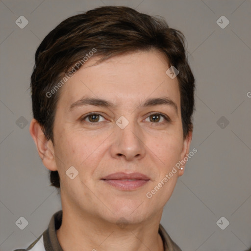 Joyful white adult female with short  brown hair and brown eyes