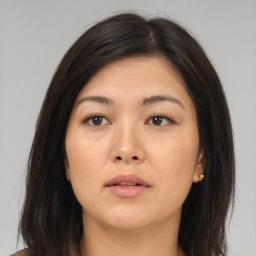 Neutral asian young-adult female with long  brown hair and brown eyes