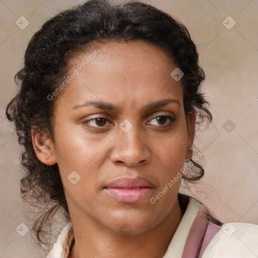 Joyful black adult female with medium  brown hair and brown eyes