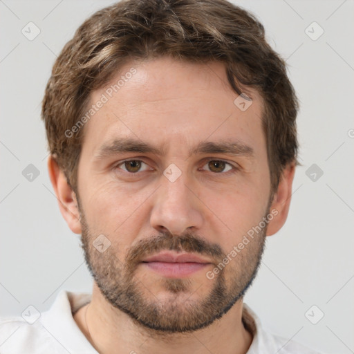 Neutral white young-adult male with short  brown hair and brown eyes