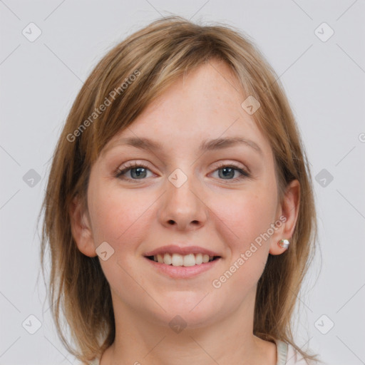 Joyful white young-adult female with medium  brown hair and grey eyes