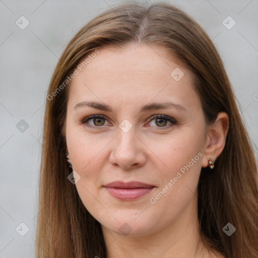 Joyful white young-adult female with long  brown hair and grey eyes