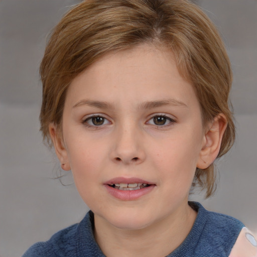 Joyful white child female with medium  brown hair and grey eyes