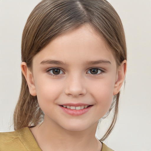 Joyful white child female with medium  brown hair and brown eyes