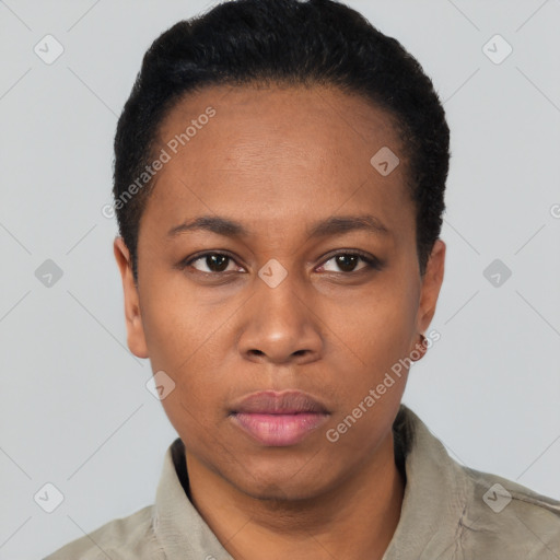 Neutral black young-adult female with short  black hair and brown eyes