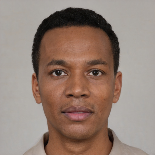 Neutral black young-adult male with short  black hair and brown eyes