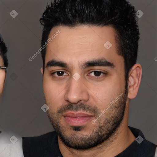 Neutral white young-adult male with short  black hair and brown eyes