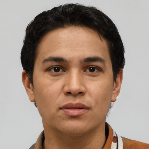 Neutral asian young-adult male with short  brown hair and brown eyes