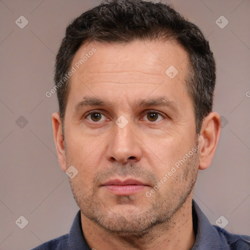 Neutral white adult male with short  brown hair and brown eyes