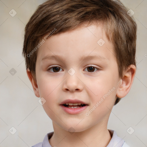 Joyful white child male with short  brown hair and brown eyes