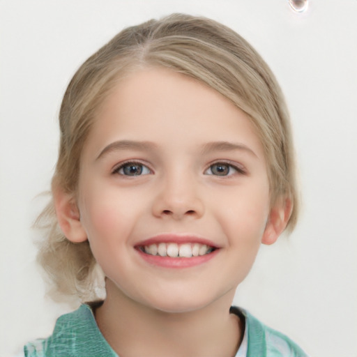 Joyful white child female with medium  brown hair and blue eyes