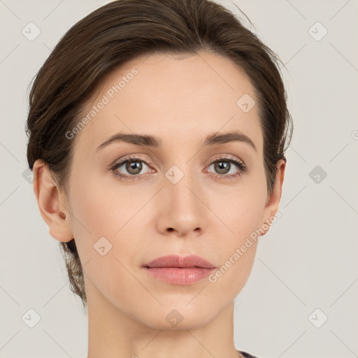 Neutral white young-adult female with medium  brown hair and grey eyes