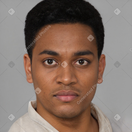 Neutral latino young-adult male with short  brown hair and brown eyes