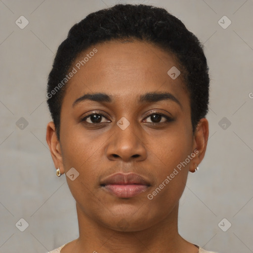 Neutral black young-adult female with short  black hair and brown eyes