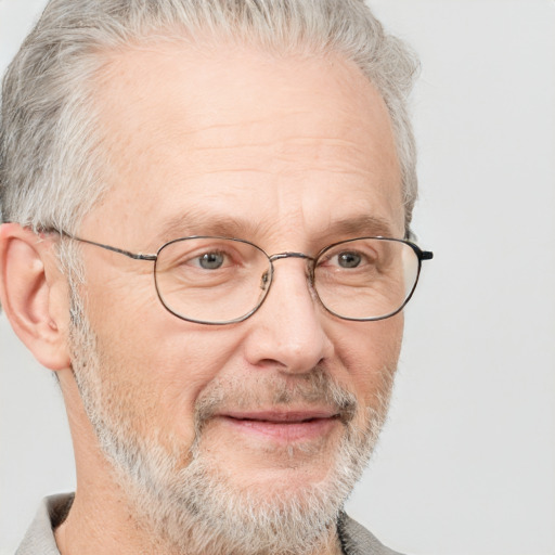 Neutral white middle-aged male with short  gray hair and blue eyes