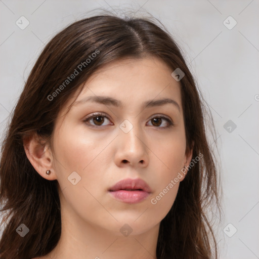 Neutral white young-adult female with long  brown hair and brown eyes