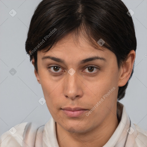 Neutral white young-adult female with short  brown hair and brown eyes