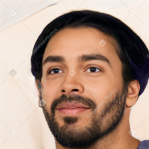 Neutral latino young-adult male with short  black hair and brown eyes