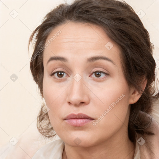 Neutral white young-adult female with medium  brown hair and brown eyes