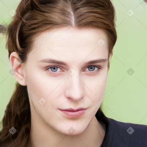 Neutral white young-adult female with long  brown hair and grey eyes