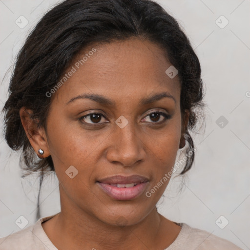 Joyful black young-adult female with medium  brown hair and brown eyes