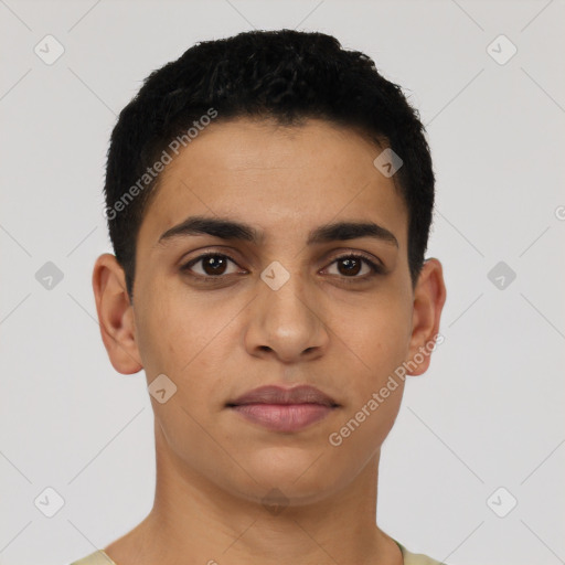 Joyful latino young-adult male with short  black hair and brown eyes