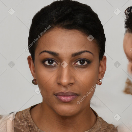 Neutral black young-adult female with short  brown hair and brown eyes