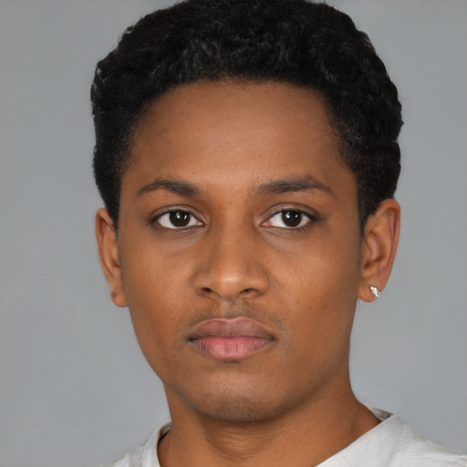 Neutral black young-adult male with short  black hair and brown eyes