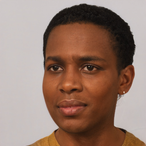 Neutral black young-adult male with short  black hair and brown eyes