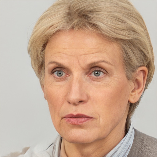 Neutral white middle-aged female with short  blond hair and brown eyes