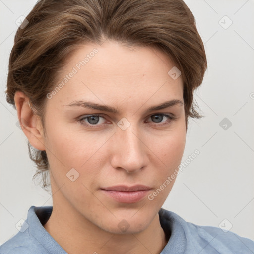 Neutral white young-adult female with medium  brown hair and grey eyes