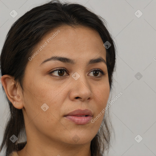 Neutral white young-adult female with medium  brown hair and brown eyes