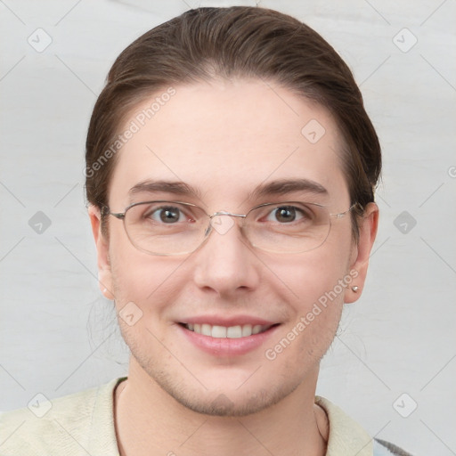 Joyful white young-adult female with short  brown hair and grey eyes