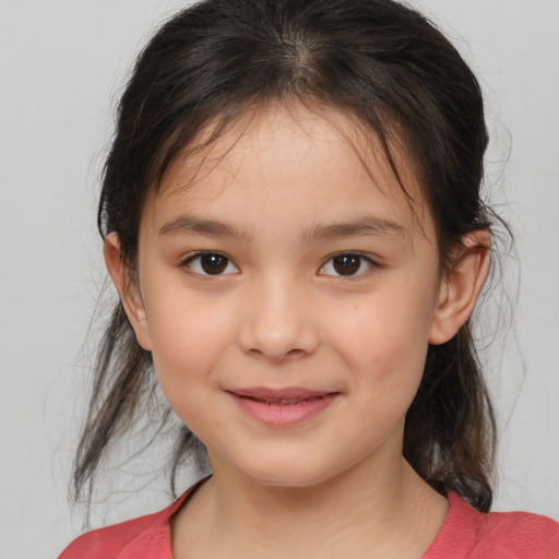 Joyful white child female with medium  brown hair and brown eyes