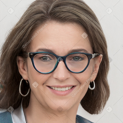 Joyful white young-adult female with medium  brown hair and blue eyes