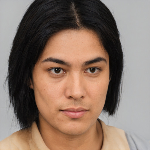 Neutral asian young-adult female with medium  brown hair and brown eyes