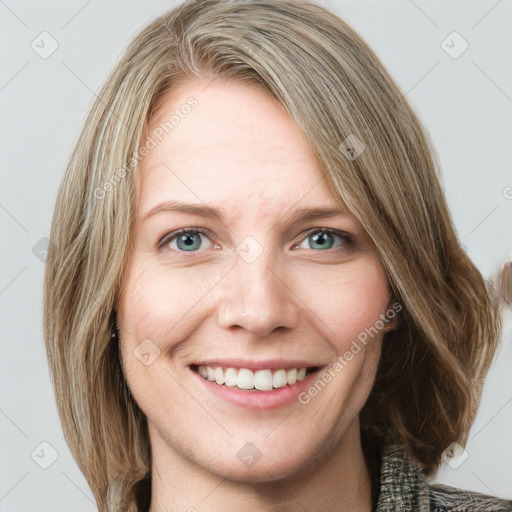 Joyful white young-adult female with medium  brown hair and blue eyes