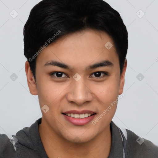 Joyful asian young-adult female with short  brown hair and brown eyes