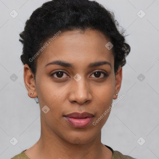 Neutral latino young-adult female with short  black hair and brown eyes