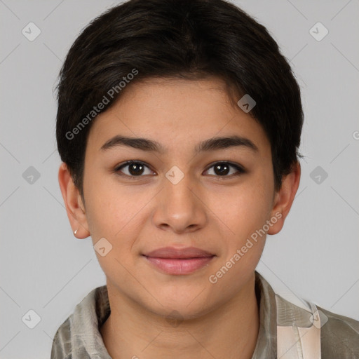 Joyful latino young-adult female with short  brown hair and brown eyes