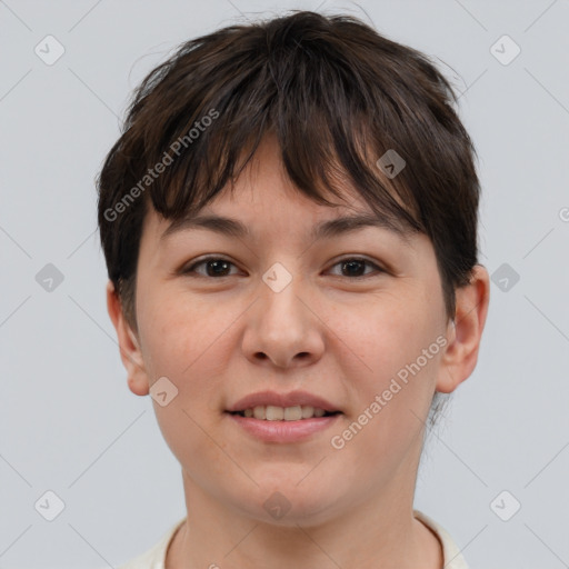 Joyful white young-adult female with short  brown hair and brown eyes