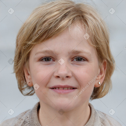 Joyful white child female with medium  brown hair and blue eyes