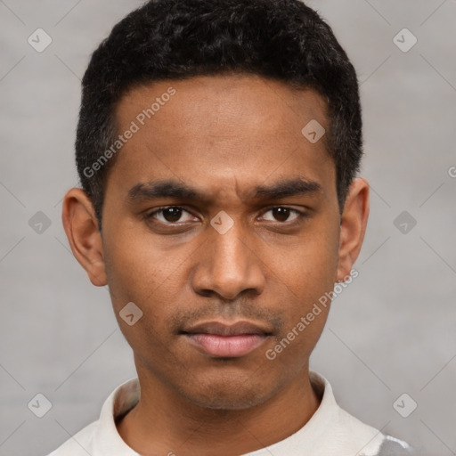 Neutral latino young-adult male with short  black hair and brown eyes