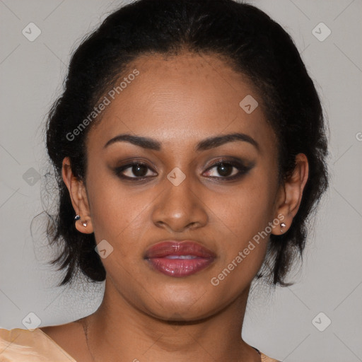 Joyful black young-adult female with medium  black hair and brown eyes