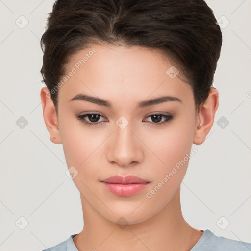 Neutral white young-adult female with short  brown hair and brown eyes