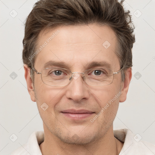 Joyful white adult male with short  brown hair and grey eyes