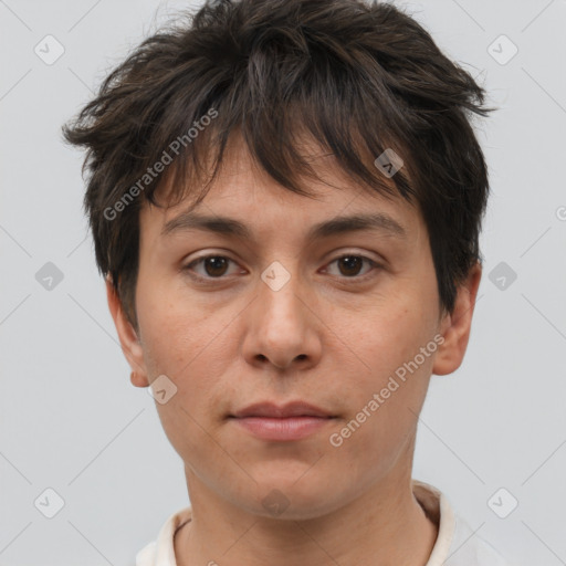 Joyful white adult female with short  brown hair and brown eyes