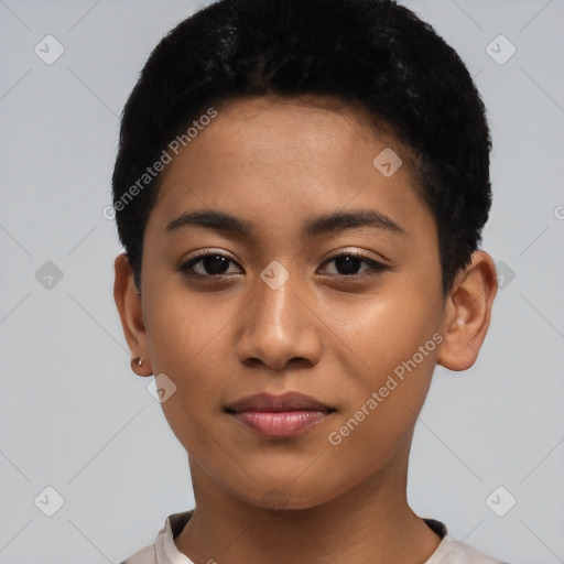 Neutral asian young-adult female with short  black hair and brown eyes